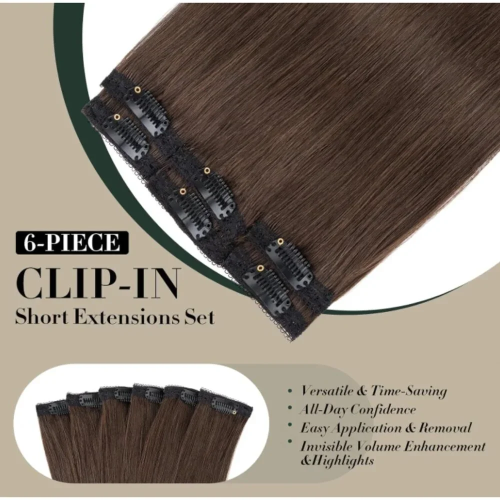 100% Real Human Hair Extensions - 6 Clip-In Hairpieces - 10